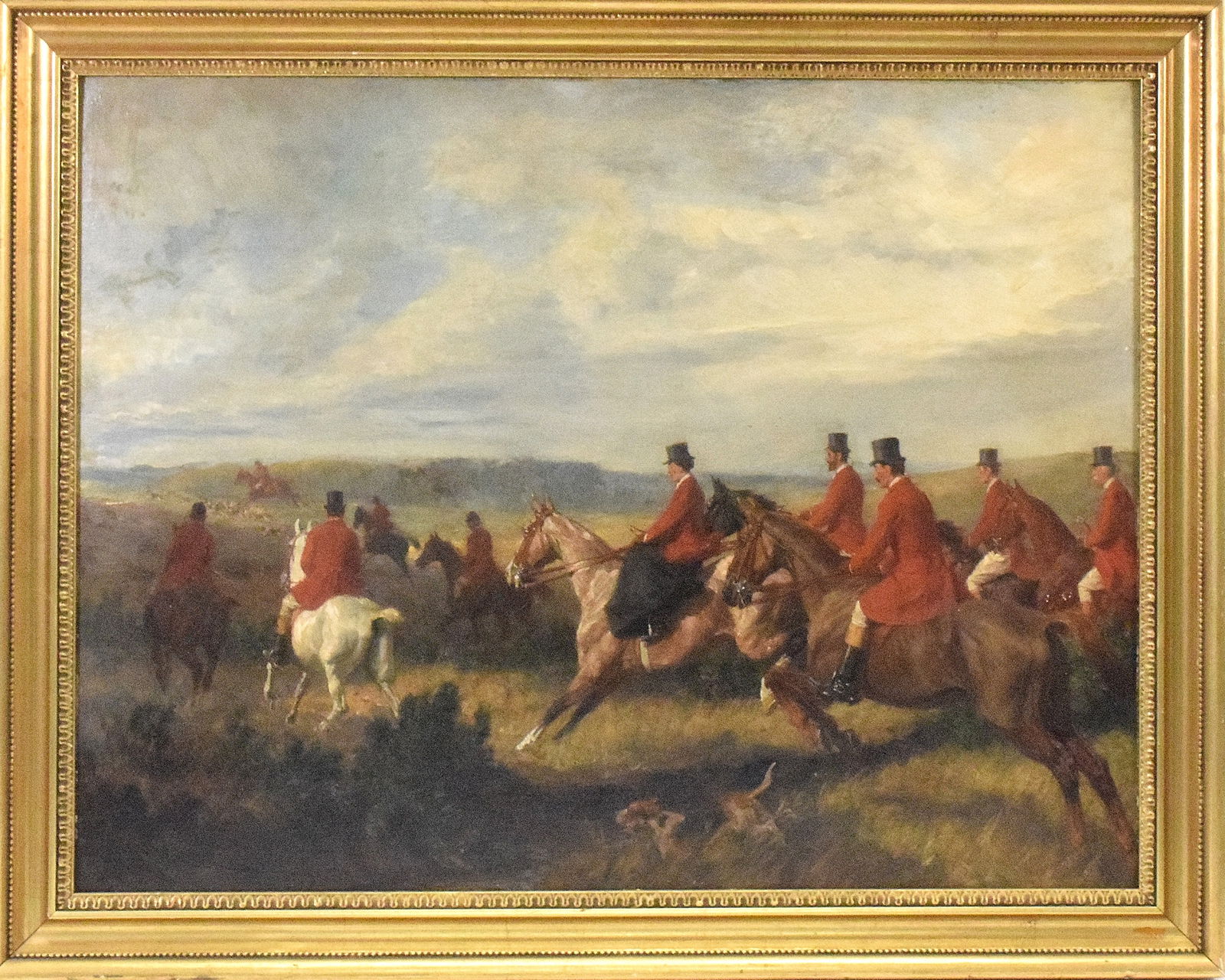 RICHARD BENNO ADAM 1873-1937 OIL PAINTING: Richard Benno Adam (1873-1937 German) fox hunt oil painting on board. Image 33 inches x 26 inches. Later framed 1960's or 1970's. Signed lower right.