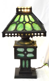 ARTS & CRAFTS CAST IRON GREEN SLAG GLASS LAMP