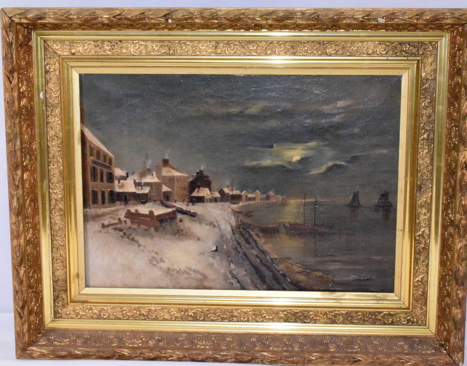 NORWEGIAN SCHOOL SEA COAST OIL PAINTING: 19th/20th Norwegian school. Oil painting or Norwegian coaster scene in the style or after of Frithjof Smith-Hald (Norwegian 1864-1903). Gold gilt ornate frame 22 inches long, 27 1/2 wide and4 inches t