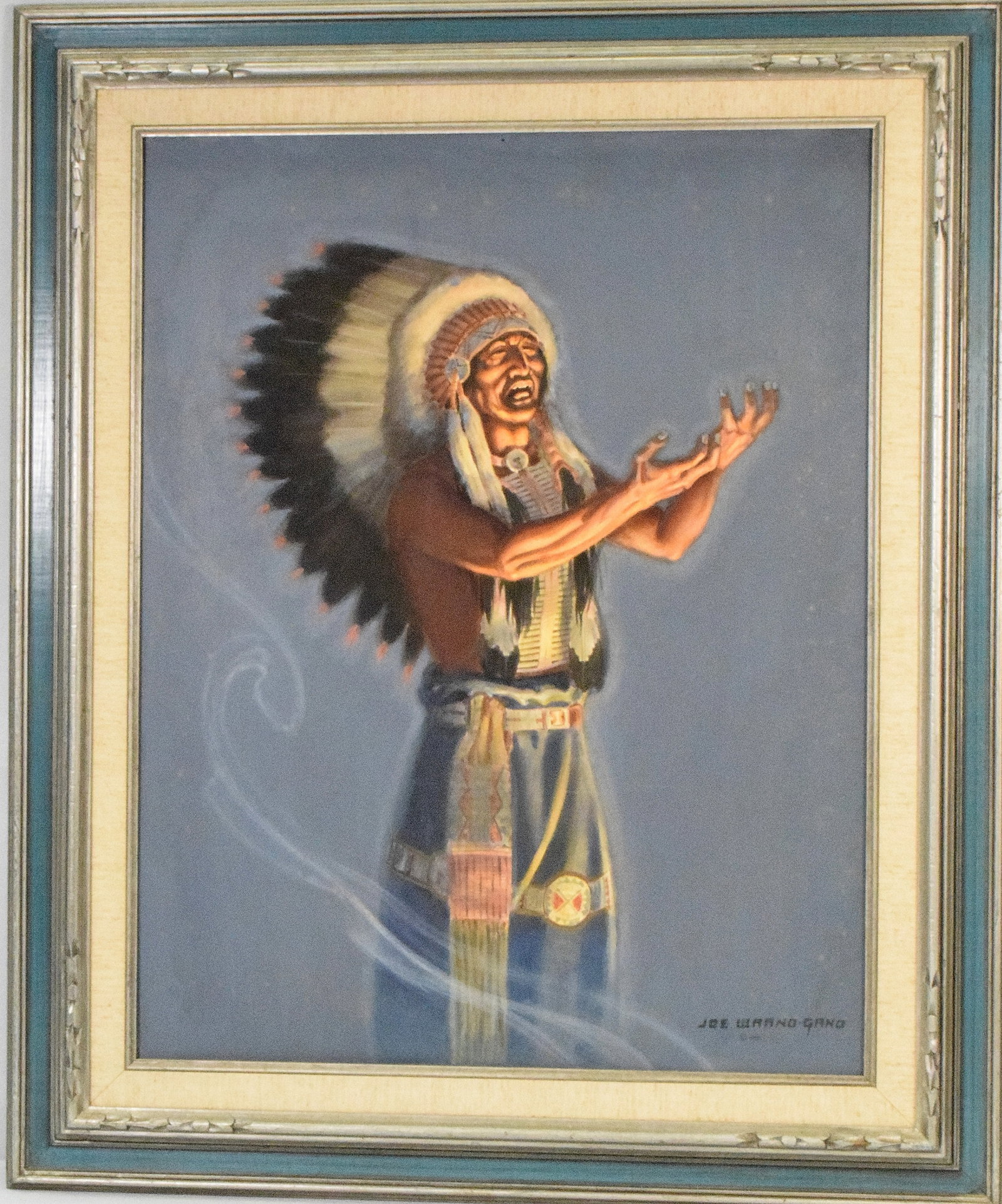 JOE WAANO-GANO GHOST DANCE CHANT PAINTING: Joe Theodore Waano-Gano (1906 - 1982) was active/lived in California. Joe Waano Gano is known for Landscape and Indian figure painting, textile design, commercial art.. Titled on theback. This paintin