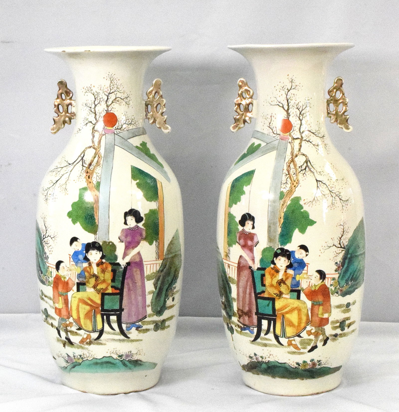 PAIR CHINESE FAMILLE ROSE FLOOR VASES. (1 of 8)