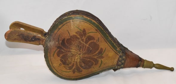 19TH TURTLE BACK HAND PAINTED FIREPLACE BELLOWS