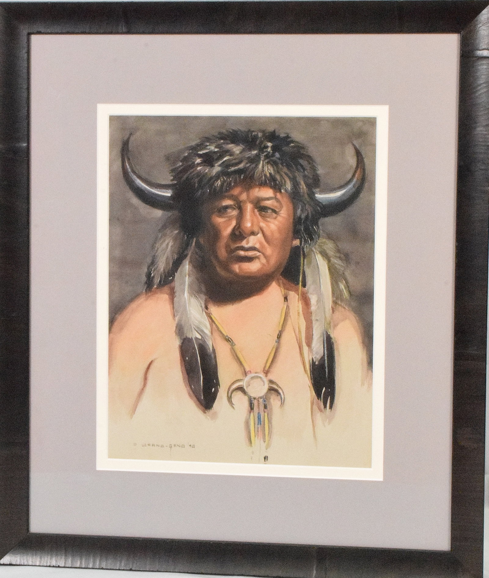 JOE WAANO-GANO INDIAN WATERCOLOR PAINTING: Joe Theodore Waano-Gano (1906 - 1982) was active/lived in California. Joe Waano Gano is known for Landscape and Indian figure painting, textile design, commercial art.. This painting isnot Titled.. Wa
