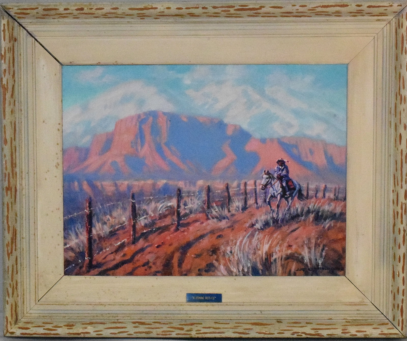 JOE WAANO-GANO BLUSHING BUTTES OIL PAINTING: Joe Theodore Waano-Gano (1906 - 1982) was active/lived in California. Joe Waano Gano is known for Landscape and Indian figure painting, textile design, commercial art.. Titled on theframe. This painti