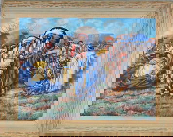 JOE WANO-GANO CEREMONIAL GATHERING OIL PAINTING