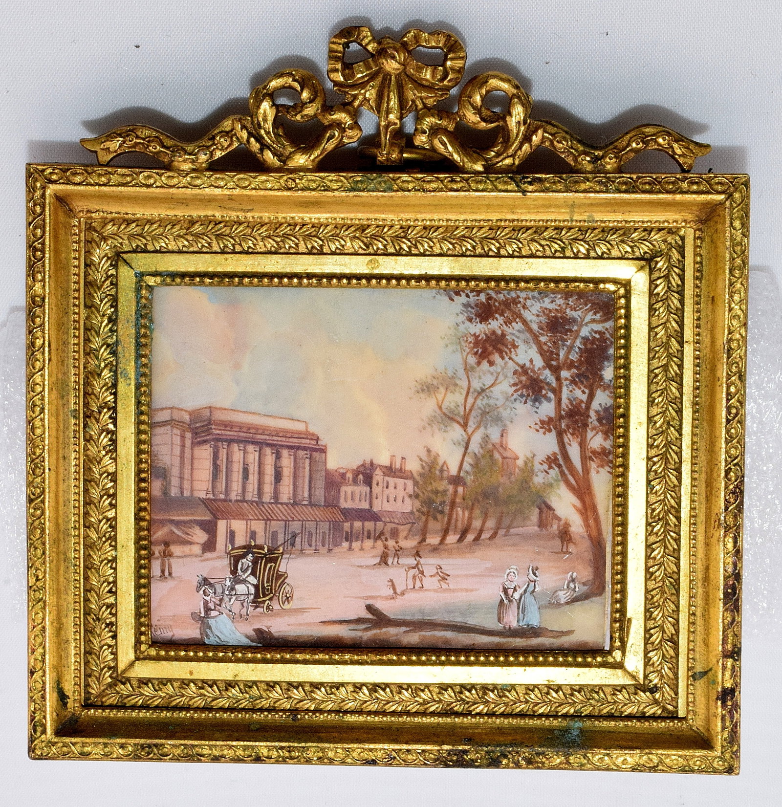 19TH FRENCH MINIATURE REMY PAINTING: Ca. 19th century. Miniature painting on bone thin sheet. Painting depicts a street scene with horse-drawn carriages and figures with period attire. Historial we believe a French theatre orFrench Stree