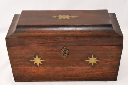 ENGLISH 19TH BRASS INLAID TEA CADDY
