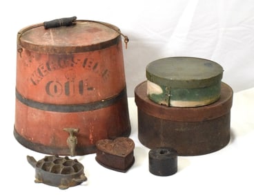 GROUP OF ANTIQUE BOXES, KEROSENE BUCKET & MISC