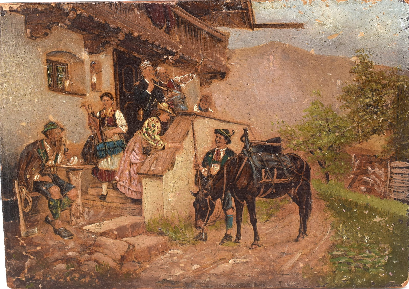 MINIATURE EUROPEAN PAINTING ON BOARD: Ca 19th European painting. Not signed. 4 inches x 6 inches. Oil on board. Image depicts a man with horse and other figures in front building. Looks like Swiss or Gernan.