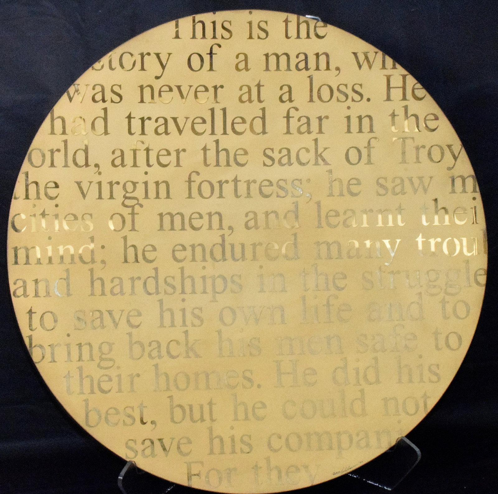 STEPHEN SCHLANSER ART GLASS CHARGER: Stephen Schlanser (American b. 1949) Homer's epic poem Odyssey. Large 22 1/2 x 34 thick art glass charger with stand. Signed lower edge right and dated S. Schlanser 1996 Kiln-fired gold etched inglass