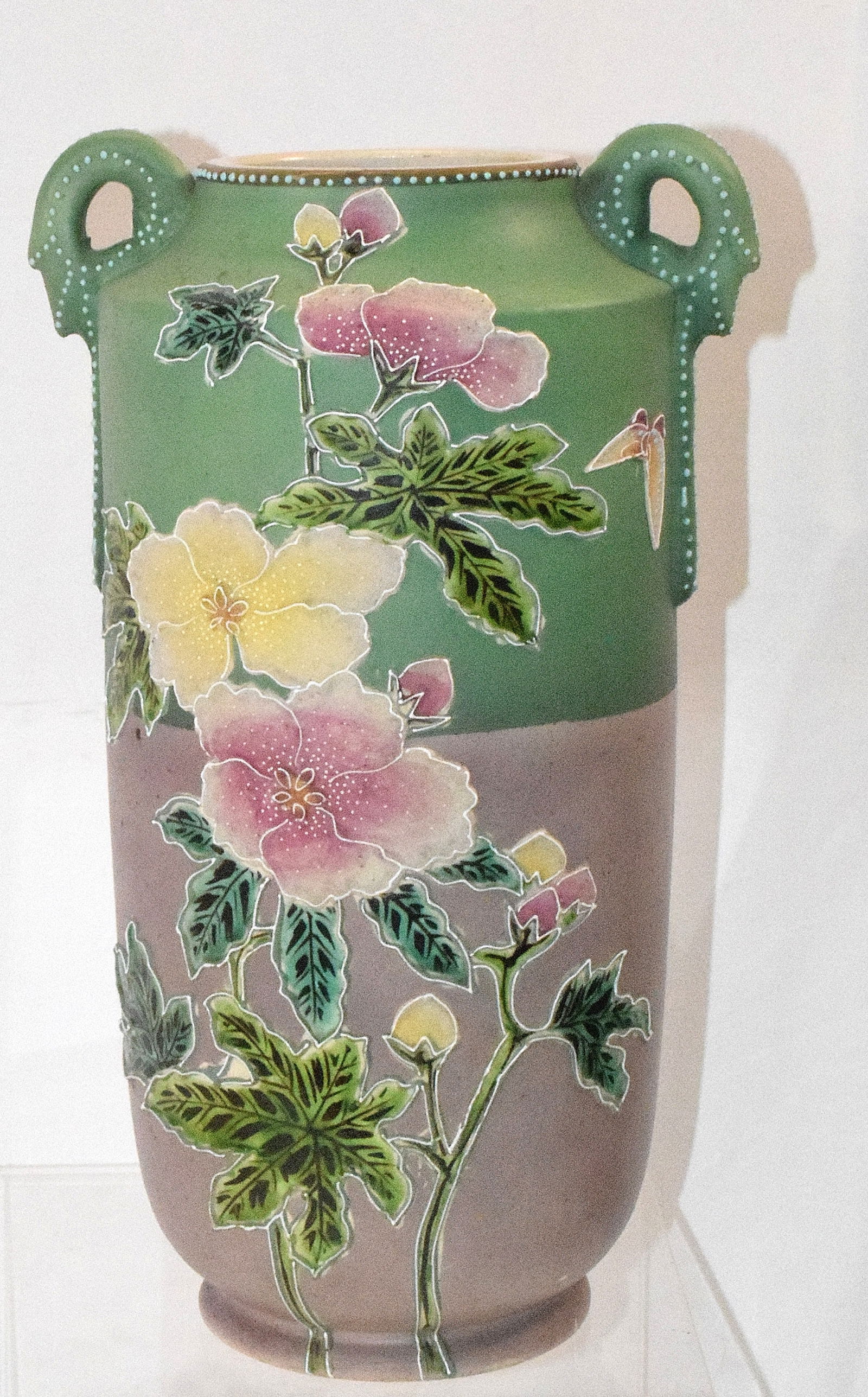 JAPANESE SATSUMA EARTHENWARE CORALENE VASE: Double handled. Hand painted coralene vase with floral design. 13 inches tall. Good condition. Not signed.