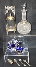 ASSEMBLED GROUPING, PICKLE CASTOR, DECANTER & ETC