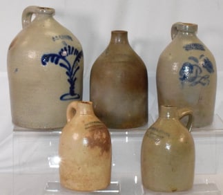 (5) BEDFORD STONEWARE COBALT JUGS