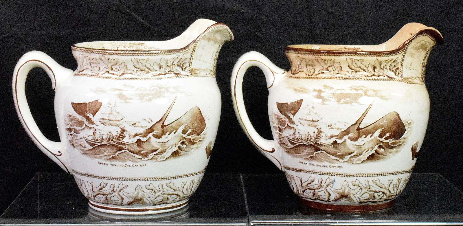 2 BUFFALO POTTERY SOUVENIR PITCHER OF NEW BEDFORD: Brown Sepia transfer decoration of "Sperm Whaling; 'The Capture'." on one side and "The Niger -The Last of the Famous Full Rigged Ships Formerly Engaged in Whaling" on the other side. Panoramicview of