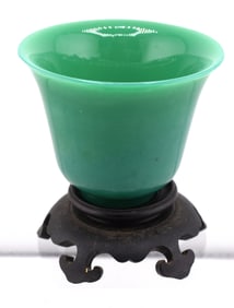 WOODEN BASED CHINESE GREEN JADE CUP