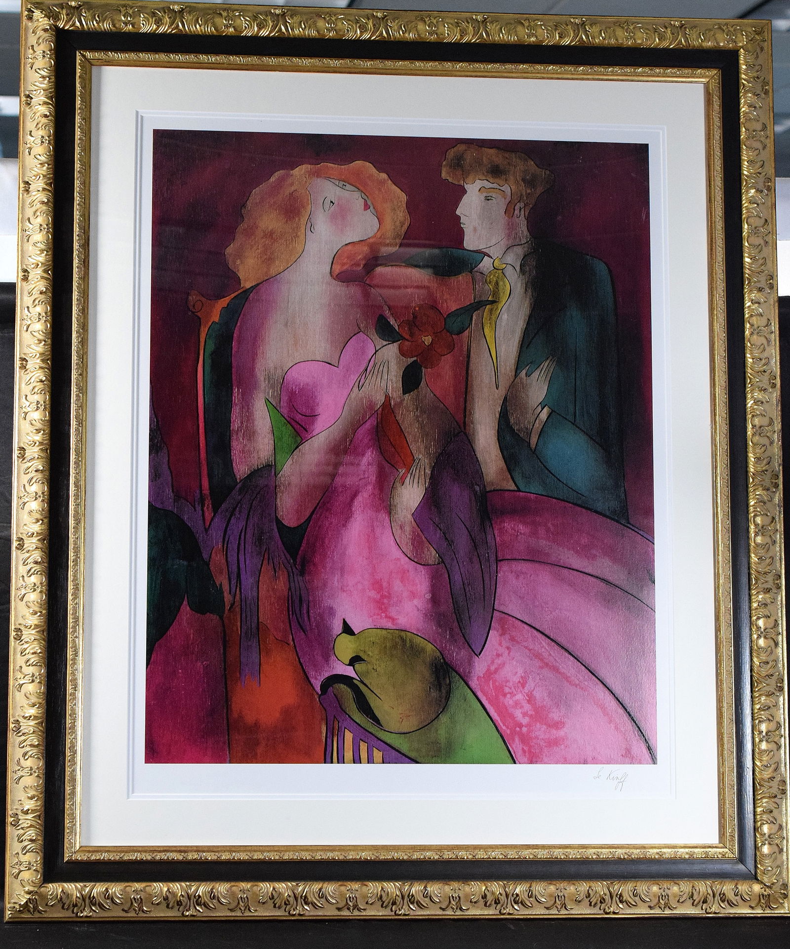 LINDA LE KINFF SERIGRAPH ROBE DU SOIR: Linda Le Kinff (French, born 1949), serigraph in colors titled 'Robe du Soir,' depicting a seated couple in evening wear, artist signed 'Le Kinff' at lower right, 30.5"h x 24"w sight, overalldimension