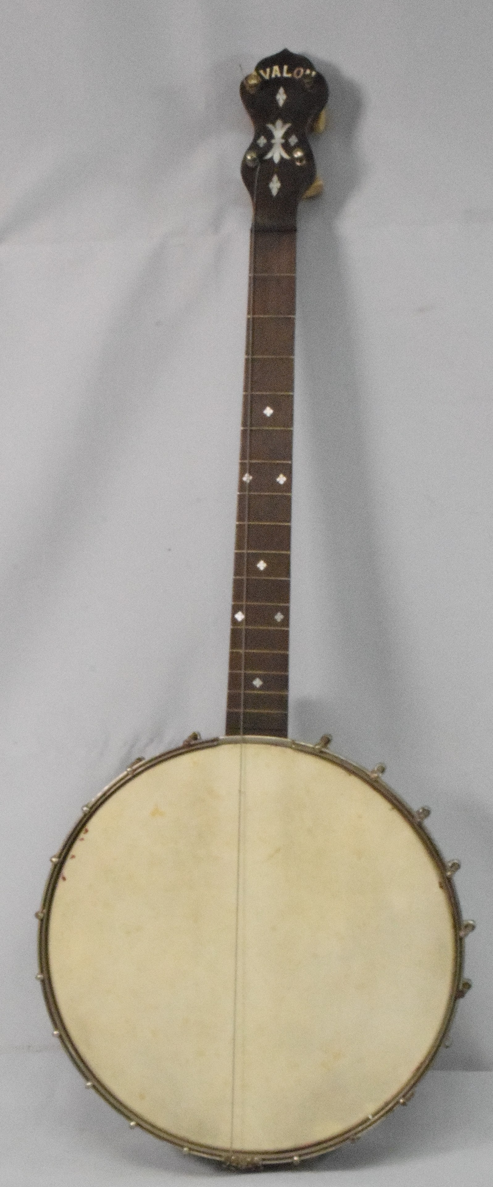 AVALON BANJO: Marked on the neck. No visible serial number. 30 inches long x 11 1/2 inches. Some surface rust on screws inside back. Overall some wear. Shipping weight 8 pounds.