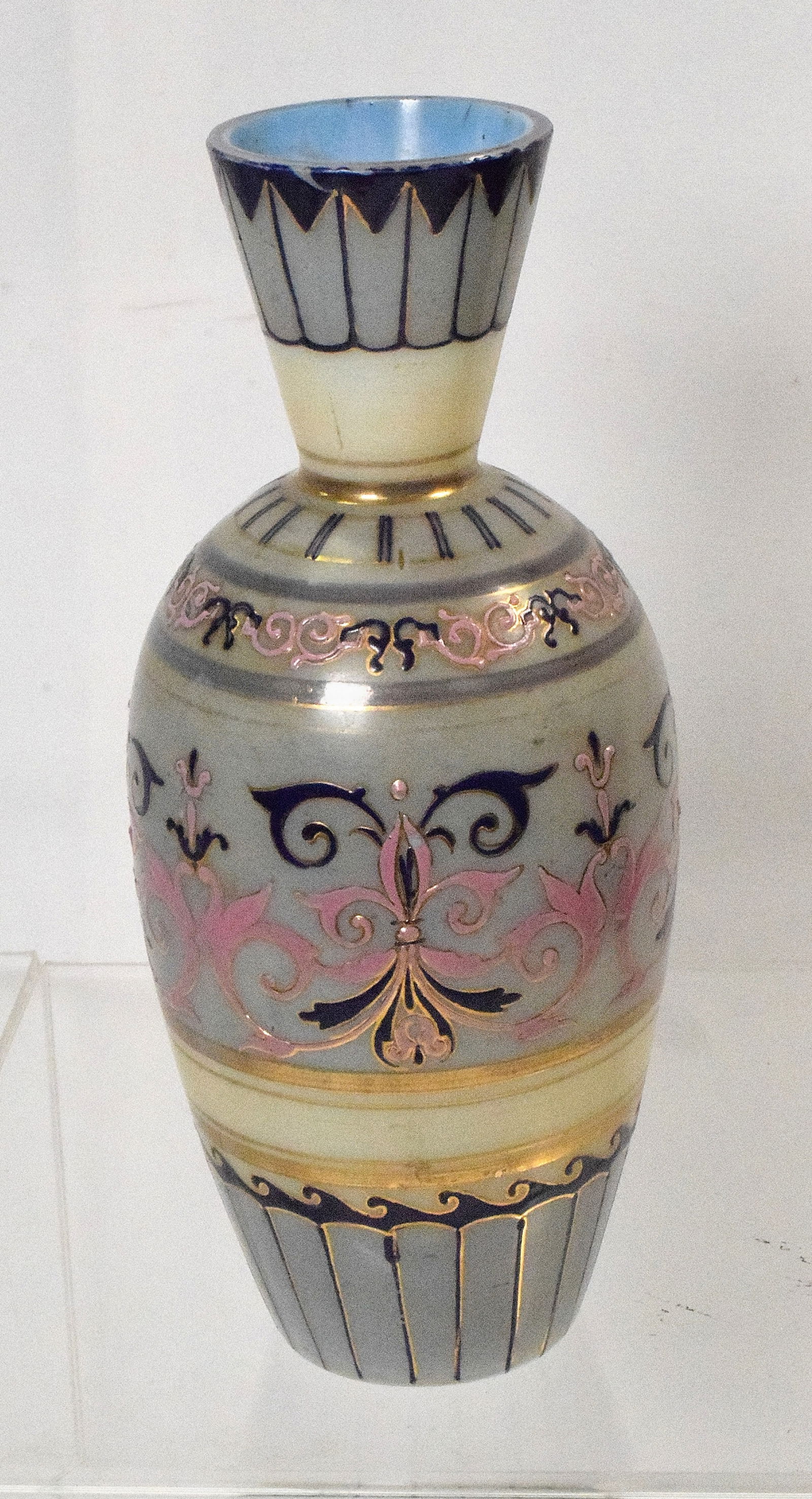 ATTRIB. THOMAS WEBB MOROCCAN PATTERN VASE: Webb Moroccan Pattern Orientalist Persian Enameled Opaline glass vase. Blue background hand painted. Good condition. 8 inches tall.