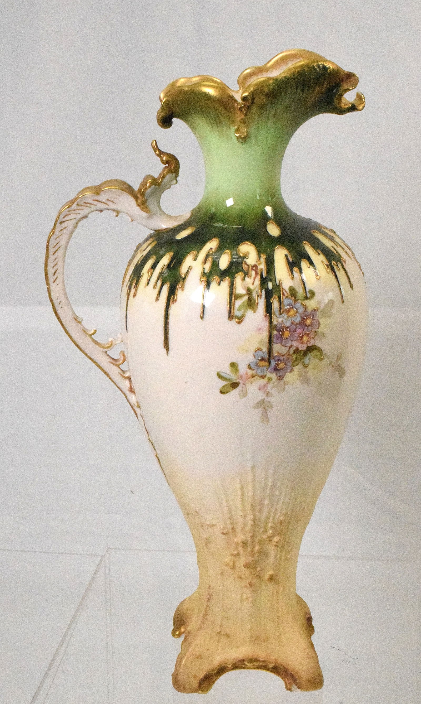 AMPHORA TEPLIZ CERAMIC ART NOUVEAU PITCHER: Tall pitcher with green glazed neck and floral decoration. 13 inches tall. Signed. Good condition.