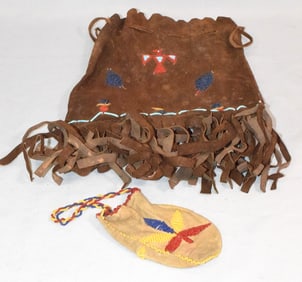 (2) NATIVE AMERICAN HIDE POUCHES TWO SIDED