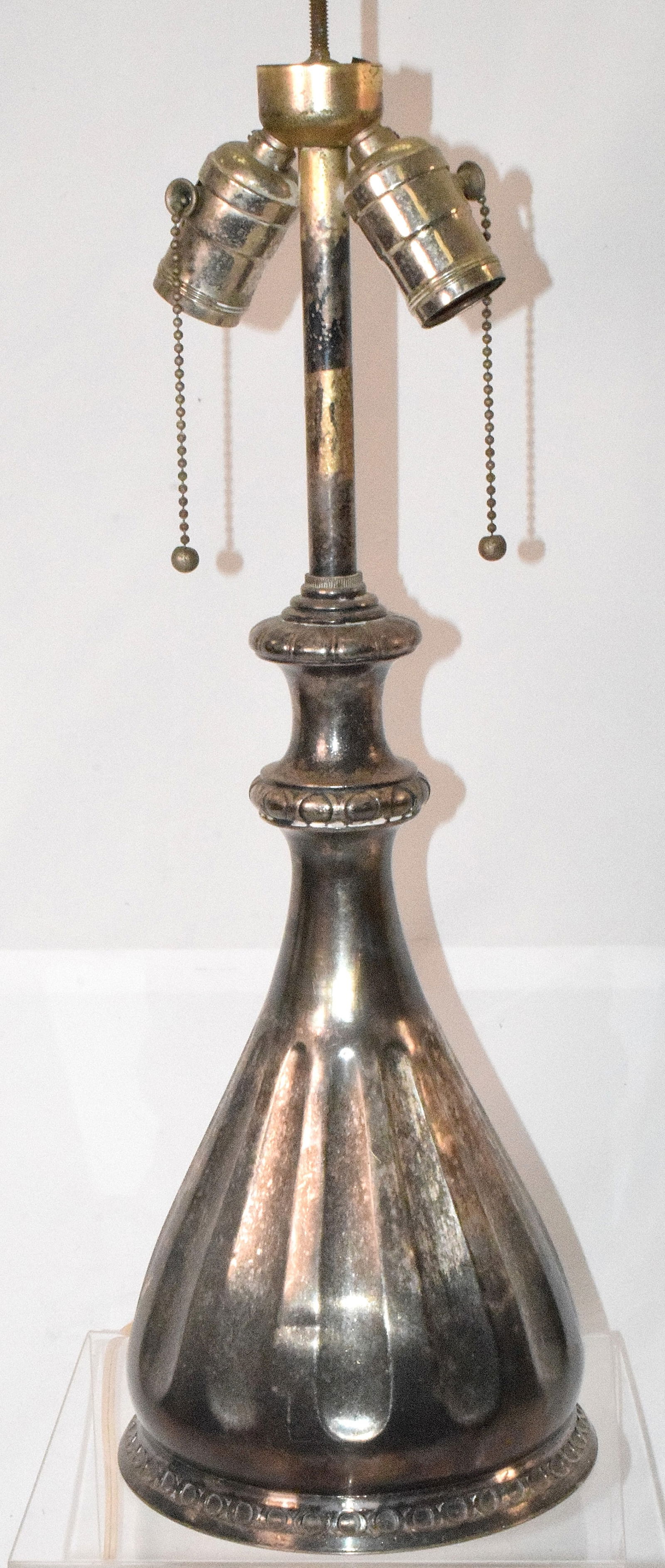 PAIRPOINT SILVER-PLATED LAMP BASE: Marked on base. No finial or lamp cap. As is. 20 inches tall approx. Shipping weight approx. 3 pounds.
