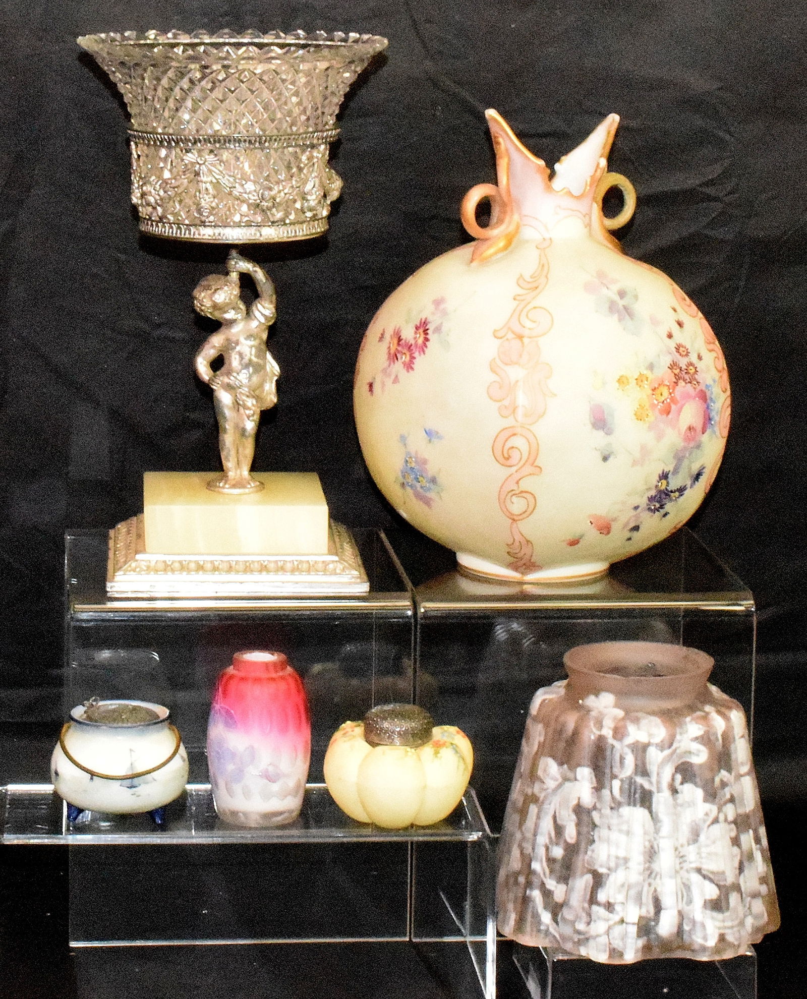 ASSEMBLED GLASS GROUPING: Consists of 1) Interior hand painted hanging shade. Believe Pairpoint. 4 3/4 inches tall. 2) Mt Washington Glass melon shape shaker. Silver-plated cap. Cover loose. 3) My WashingtonSouvenir bean pot j