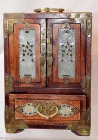 CHINESE TEAKWOOD, BRASS & JADE JEWELRY CABINET