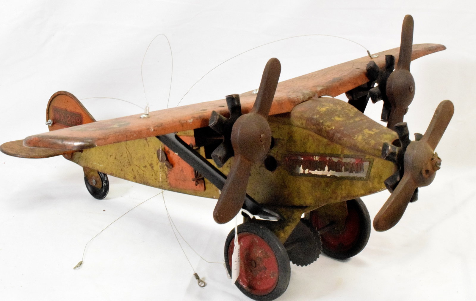 KEYSTONE RAPID FIRE TRI MOTOR AIR MAIL PLANE: Keystone Air Mail airplane. Original estate condition. The plane has paint loss and wear with decal loss. Not sure if rotate the propeller turns, but the noise maker works. Measuresapproximately 32" l