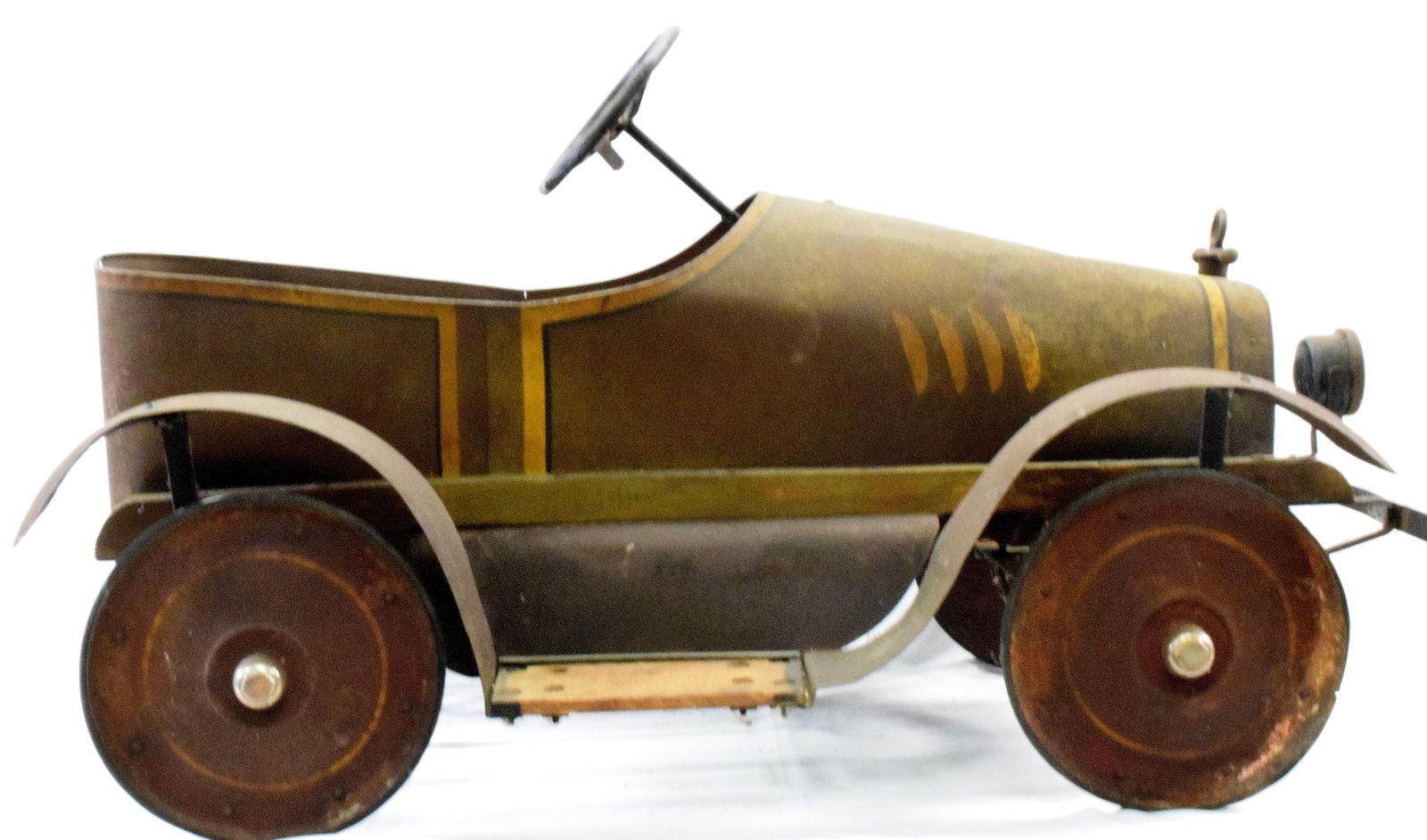 SIDWAY TOPLIFF CO. PEDAL CAR: Early Pressed steel, Believe c. 1928, Washington, PA, made by one of the few Depression era toy makers, original body, paint and trim, hood ornament, wood frame, pressed steel body. 38" l.(Missing one