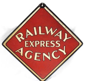 DOUBLE SIDED RAILWAY EXPRESS AGENCY SIGN.