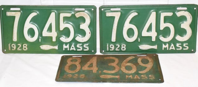 PAIR 1928 MASS COD FISH LICENSE PLATES + ONE