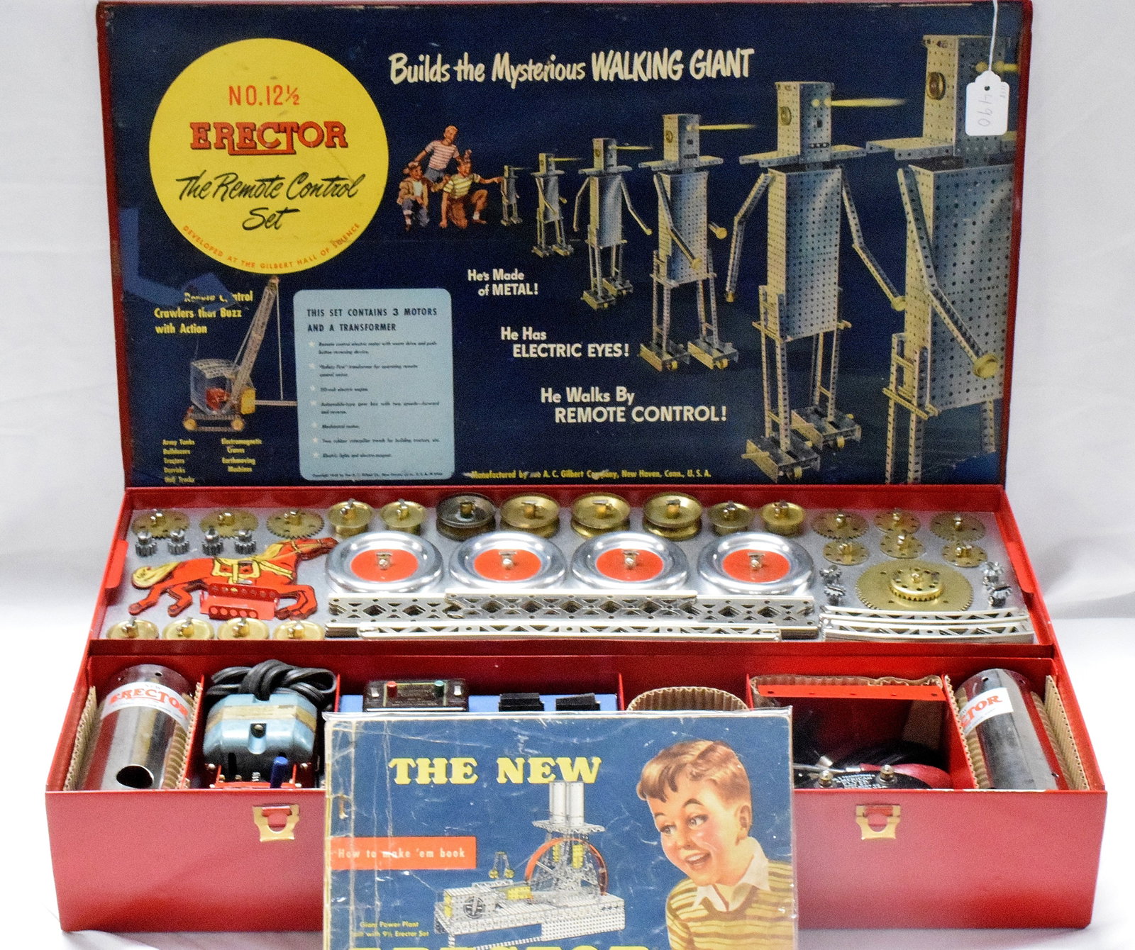 ERECTOR SET #12 1/2 THE WALKING GIANT: Complete erector set #12 1/2, builds the walking giant made by The A.C Gilbert company in 1949. Restored red box, made of metal. Good condition. L: 24in, W: 14 1/2, H: 4in, Weight 36 lbs.