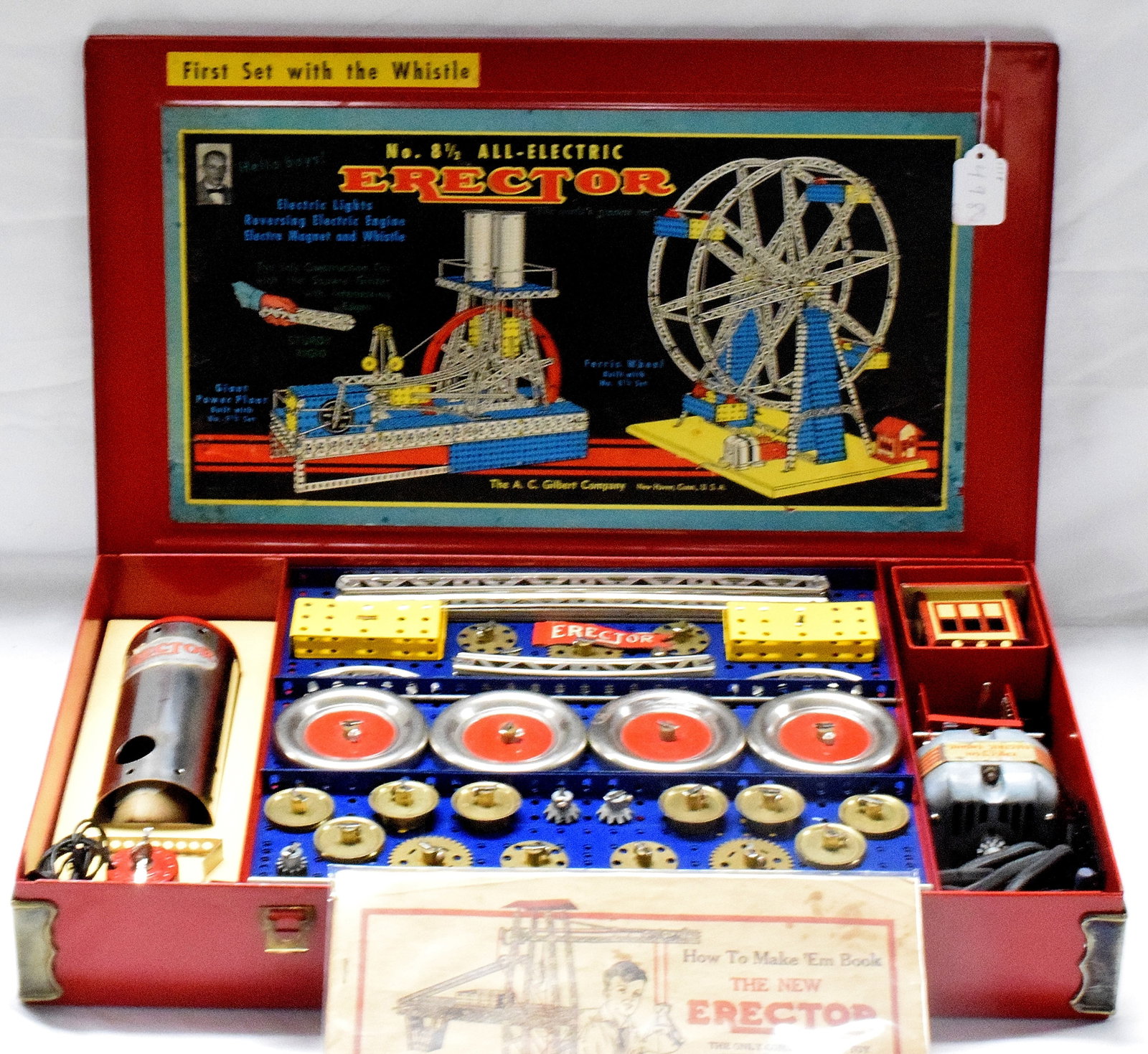 ERECTOR SET #8 1/2 ALL-ELECTRIC: 1st #8 1/2 all-electric erector set, made by The A.C Gilbert Company in 1942. Repainted outside of box and base plates, reproduction outside label and insert, comes with whistle. Good condition. L: 20