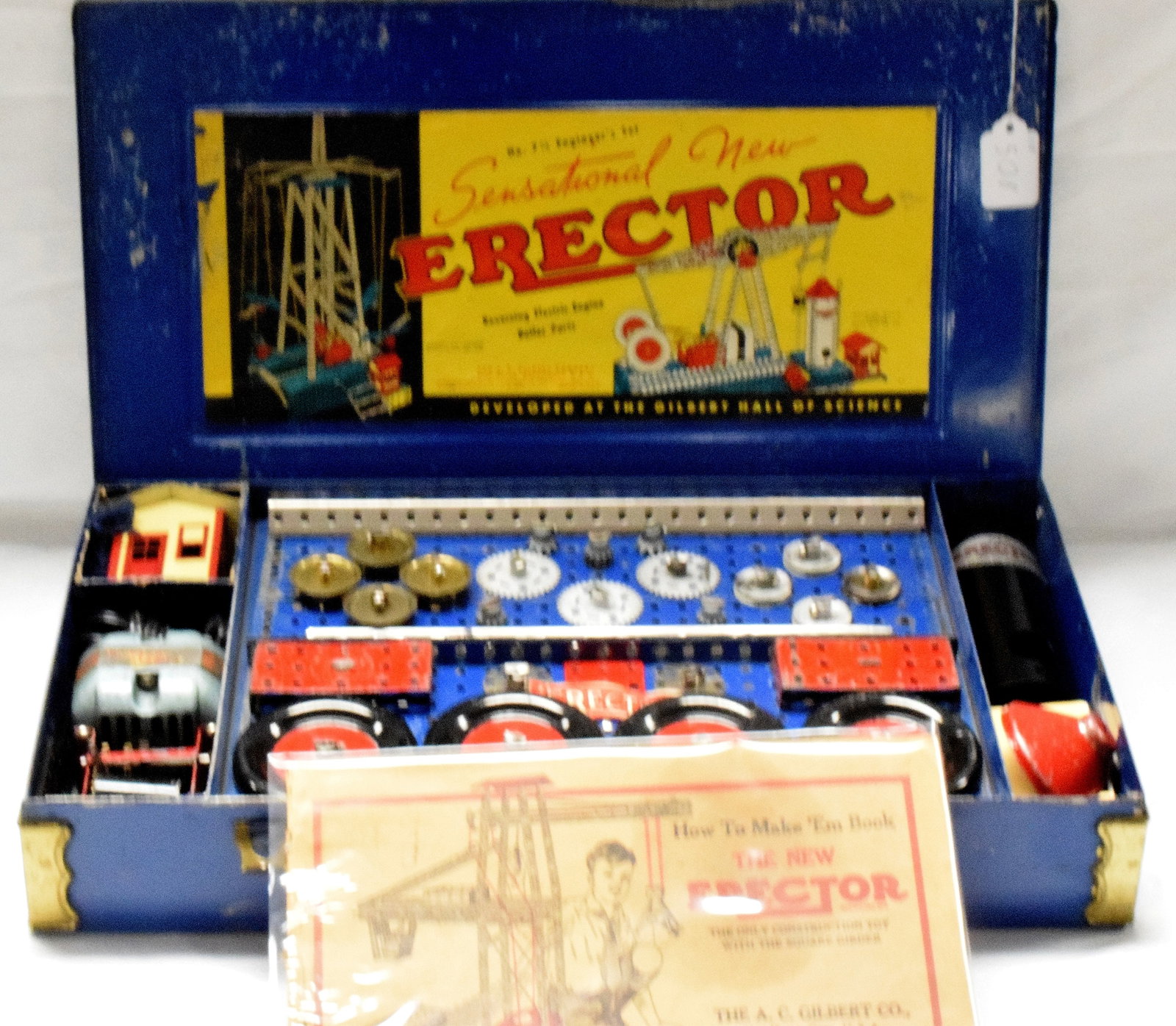 ERECTOR SET #7 1/2, ELECTRIC ENGINE BOILER: Erector set #7 1/2, The Engineers set, made by The A.C Gilbert Company in 1942. Blue metal box, reproduction inserts. Good condition. L: 18in, W: 10 1/4in, H: 3in, Weight: 12 lbs.