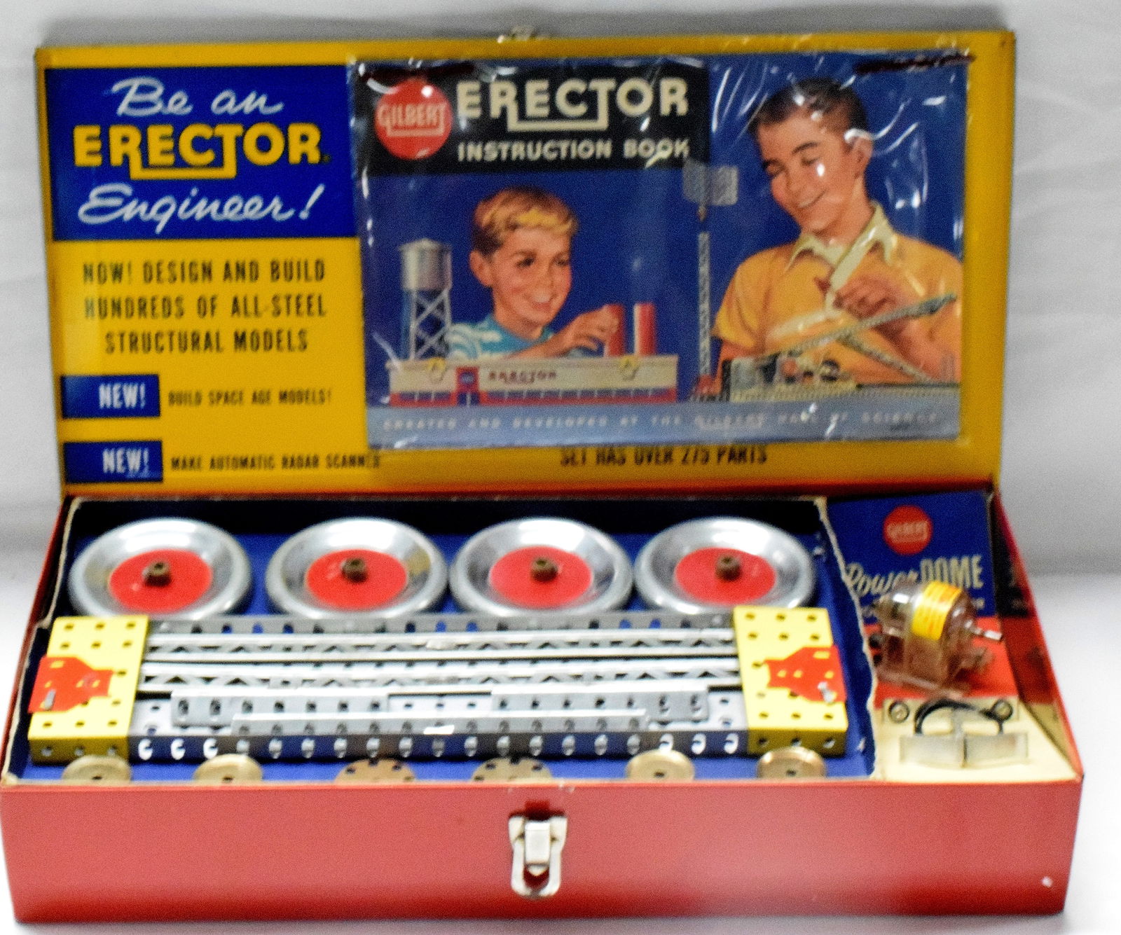 ERECTOR SET #10042 ENGINEERS SET: Erector set #10042, the automatic radar scope, made by the A.C Gilbert Company in 1959. All original, metal box with red base and white cover. Good condition. L: 16 1/4in, W: 8 1/4in H: 3in,Weight: 5