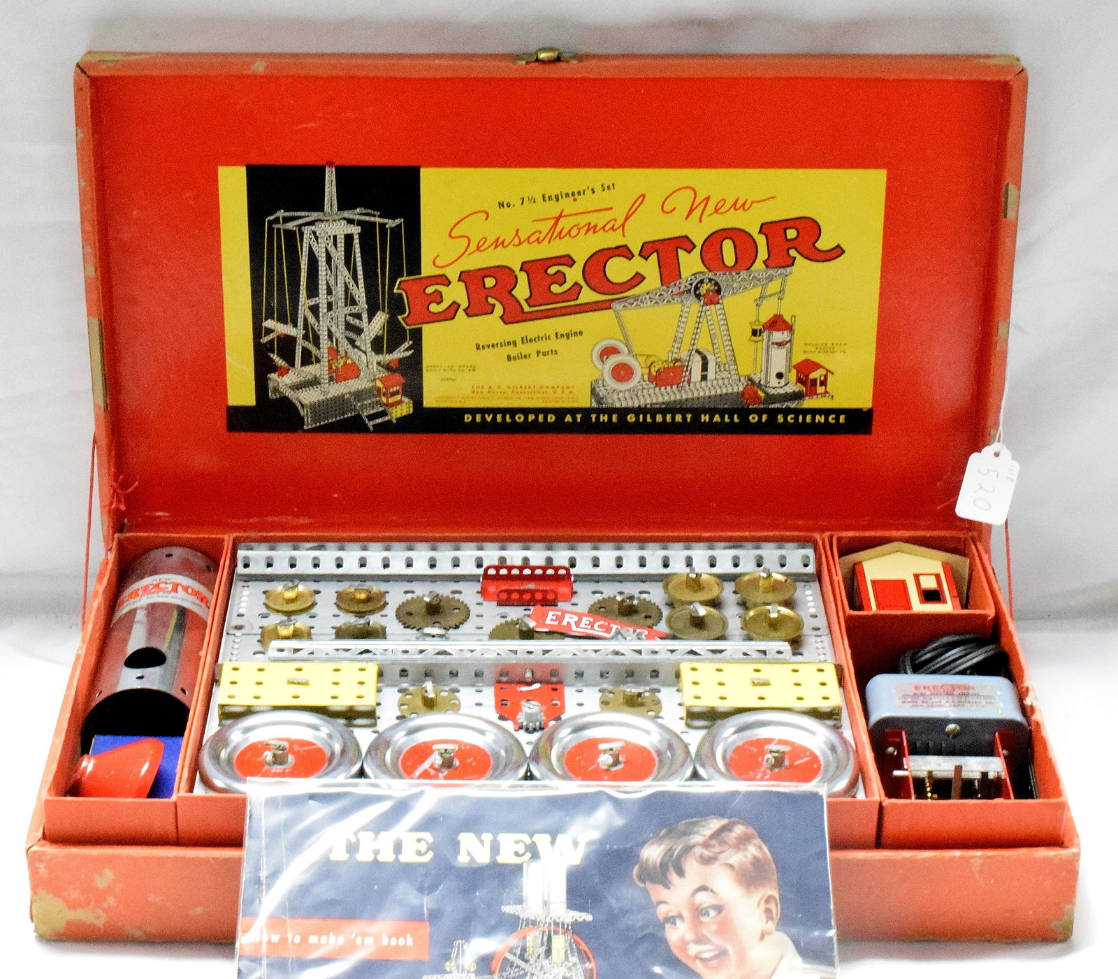 ERECTOR SET #7 1/2 ENGINEERS SET: Erector set #7 1/2, The Engineers set, made by the A.C Gilbert Company in 1951. Heavy cardboard box, missing screwdriver. Good condition. L: 19 1/4in, W: 11in, H: 3in, Weight: 9 lbs.