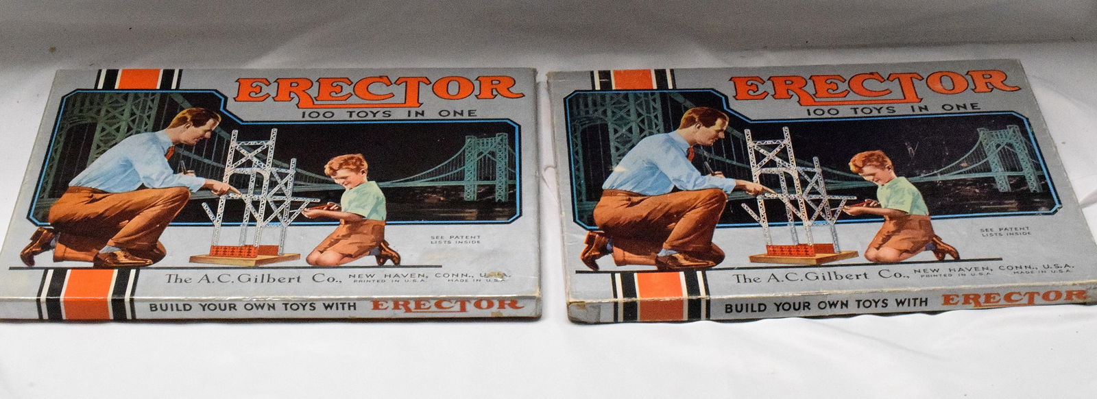 2 ERECTOR SETS DANDY BEGINNER SET: (1) Dandy beginner erector set #1 1/2, 1950. Silver colored cardboard box, packed like a 1951 but contains parts from 1951 sets. Light blue inserts.(2) Dandy beginner erector set #1, 1933. Silver colo