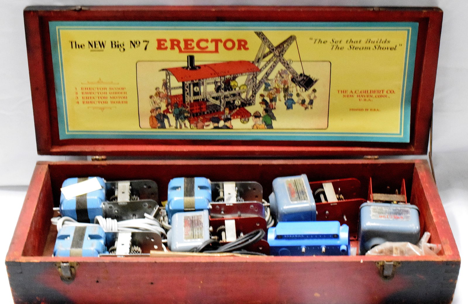 3 GILBERT ERECTOR SET BOXES: Boxes do not contain full erector sets (1) Red wooden Gilbert erector box, contains 7 motors used in motorized erector sets. (2) Brown wooden Gilbert erector box, contains early erector set parts and