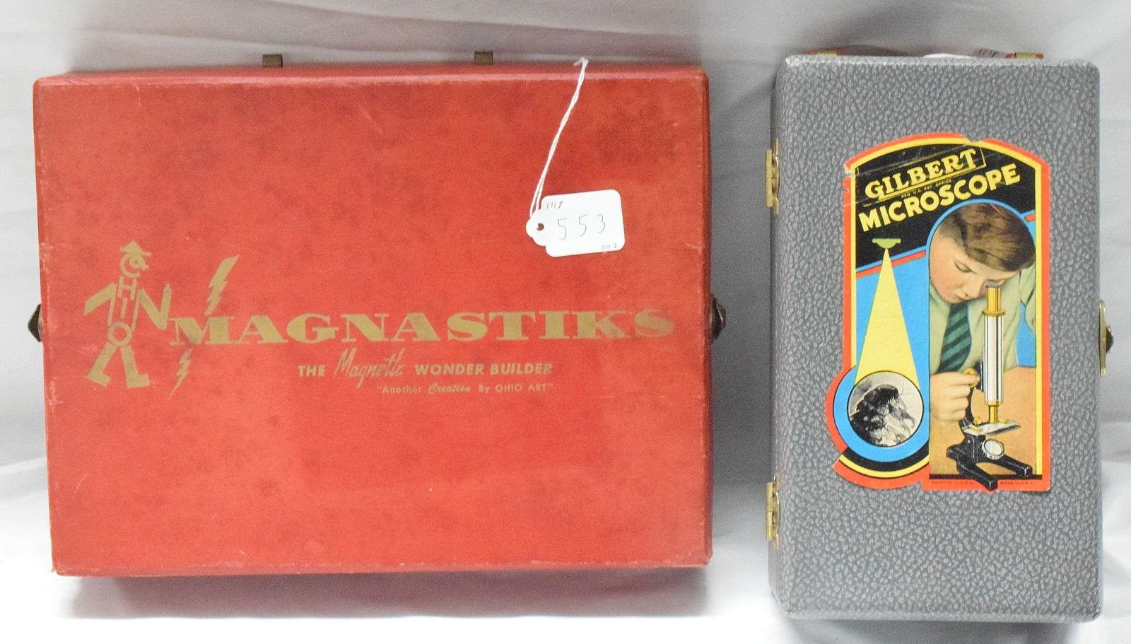 VINTAGE TOY MICROSCOPE AND MAGNA STIKS: (1) Magnastiks magnet toy kit #510, made by The Ohio Arts Company. Complete set , new in box, comes with instructions. Good condition.(2) Gilbert S-16 microscope set with case, includesmicroscope and