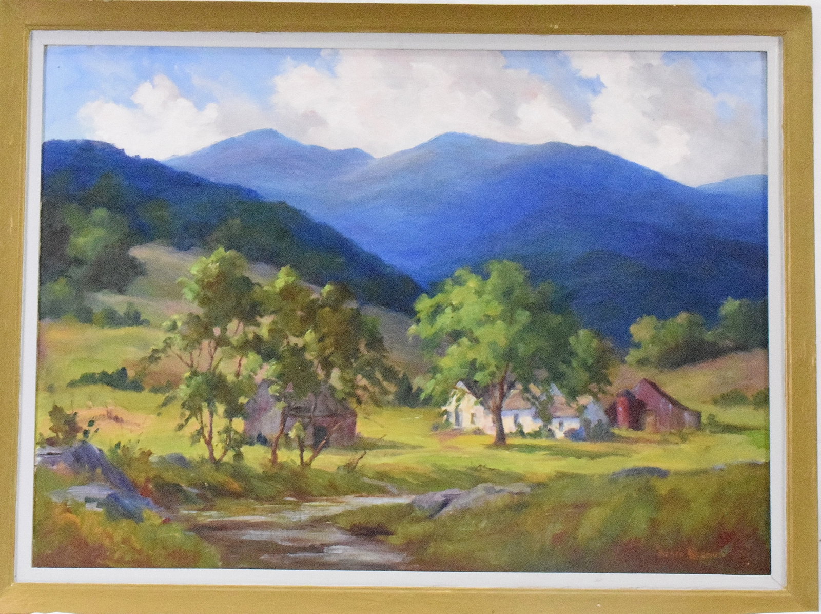 HENRI BRENOU LANDSCAPE OIL PAINTING: Landscape oil painting by French American painter Henri Brenou. (1904-1976). Painting is a scene of a home with a barn in a valley surrounded by green hills and mountains and a river in theforeground.