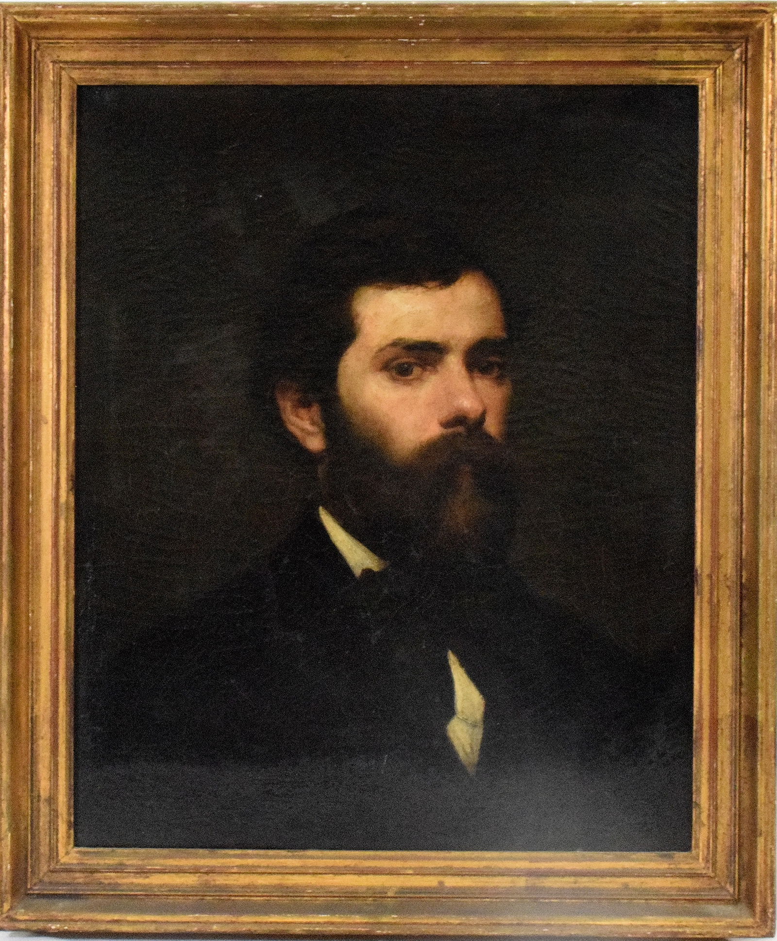 19TH FRENCH SCHOOL PORTRAIT OF MAN: 19th century portrait of a man. Believe French oil painting. Hand note on back with history. Pickup in Florida 1979. Conserved 1997 by Peter Williams. Oil on canvas. 22 inches x 18 inches. Frame 26inc