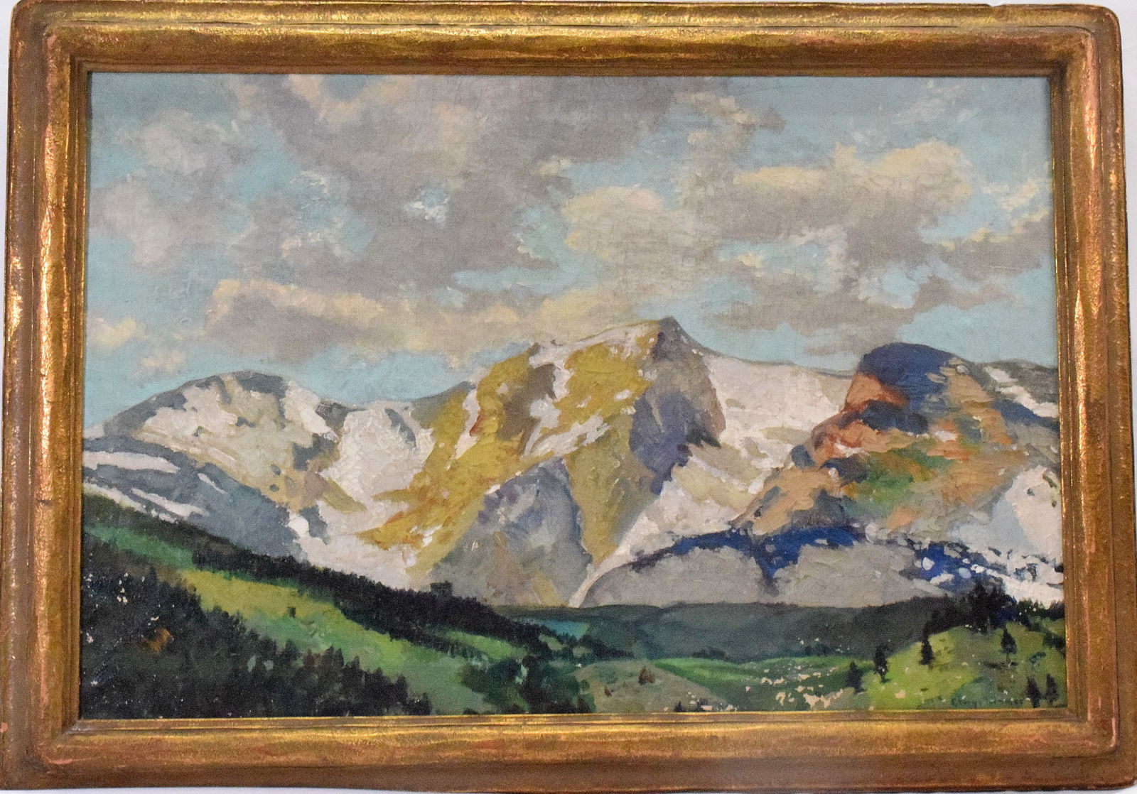 GEORGE DEWEY TRIMMER (1898-1954) PAINTING: George Dewey Trimmer (1898-1954), an American artist known for painting. Note on back. View of Hallet Peak in the Rocky Mt. National Park Estes Co. Signature lower right. Oil on canvas. 29.5 x19.5 inc