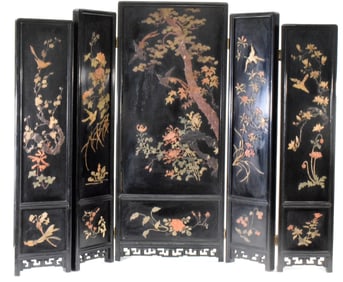 ORIENTAL BLACK LAQUER HARD STONE FOLDING SCREEN