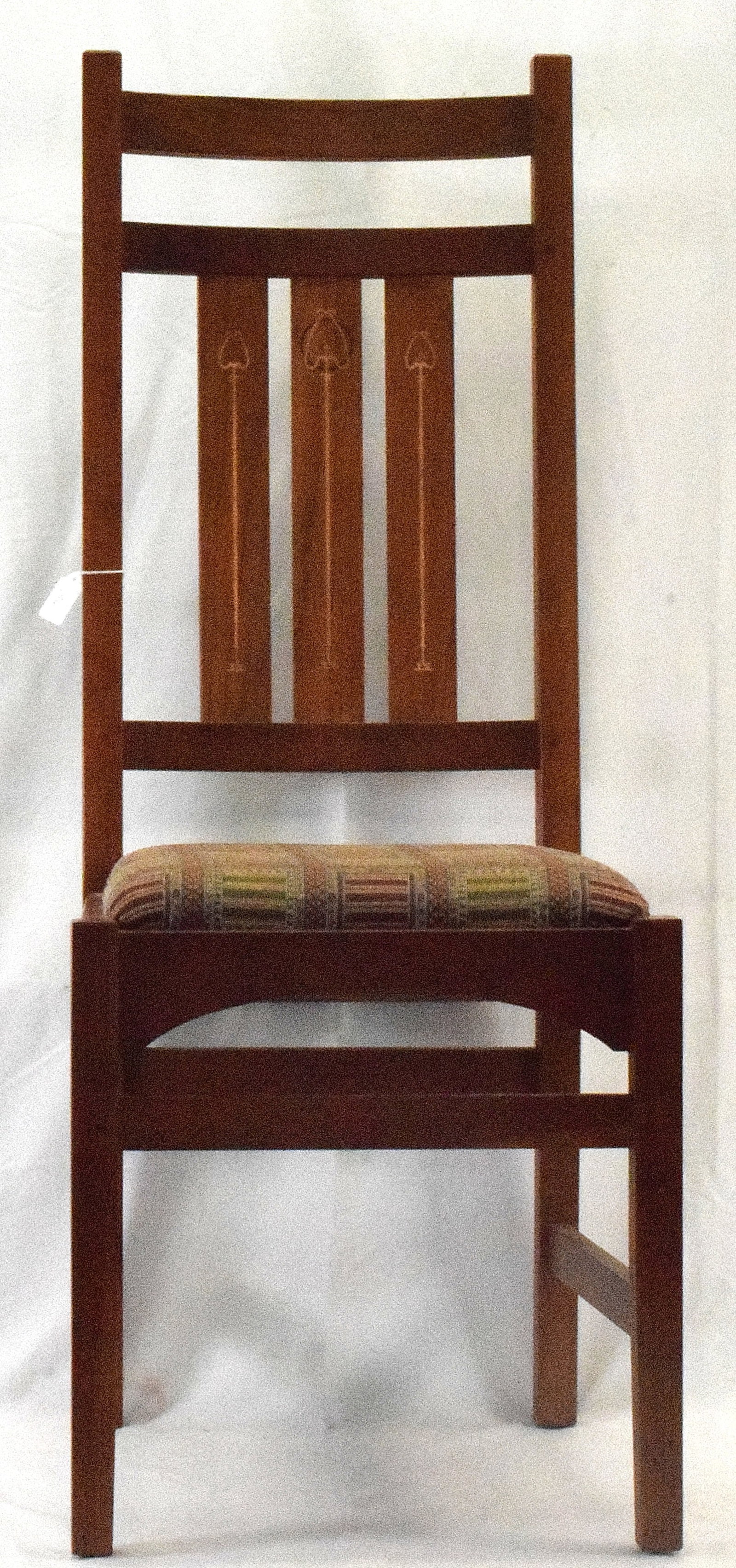 GUSTAV STICKLEY by AUDI, HARVEY ELLIS DESIGN CHAIR: Harvey Ellis style cherry inlayed side chair. Three slats with inlays and arcing aprons. 'Stickley' round label on underside, marked 91 353, Fabric seats Measures 42.75"H x 16"W back;17.5"W x 17"D x 1