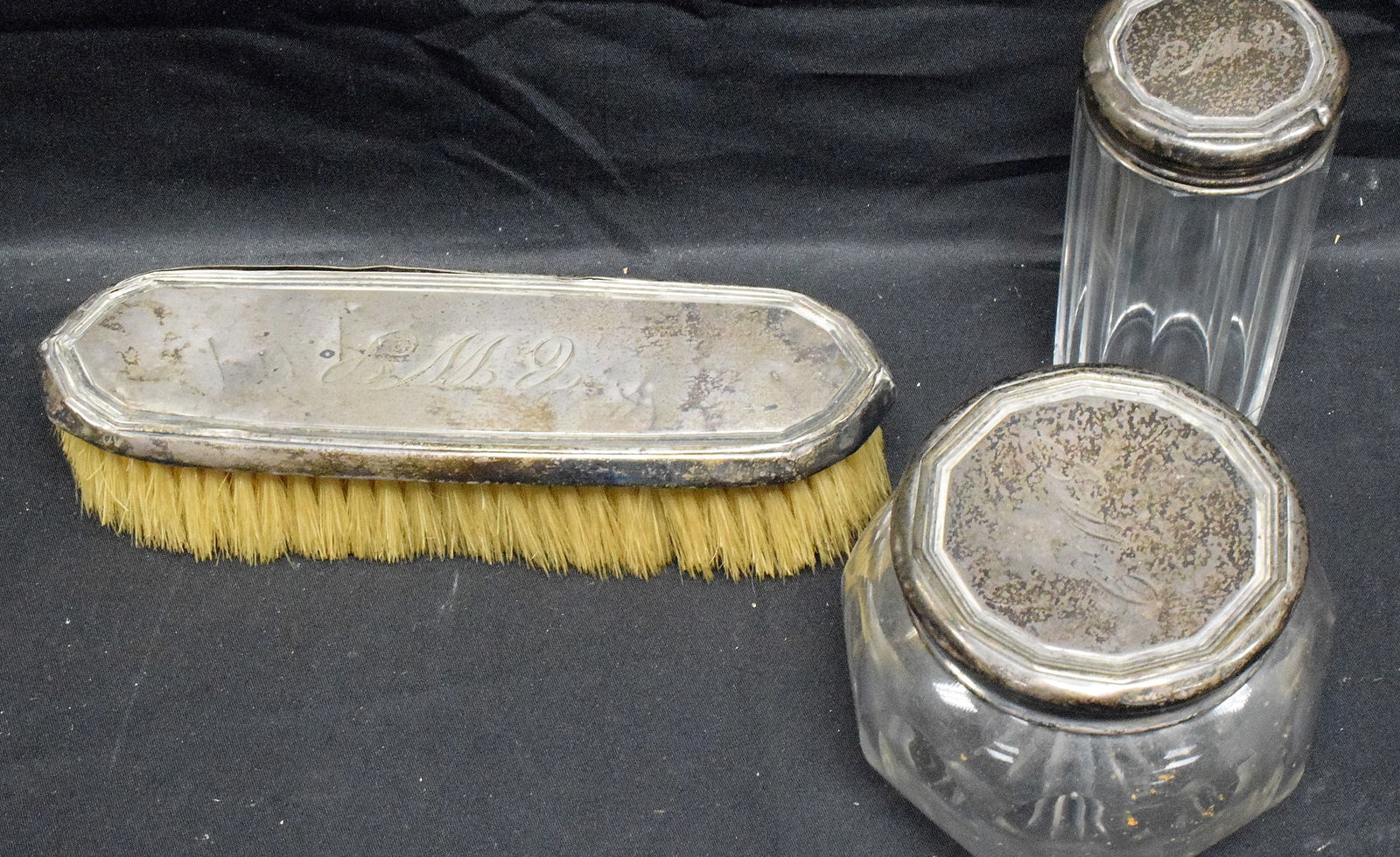 STERLING TOP DRESSER JARS & STERLING TOP BRUSH: Vintage and monogrammed sterling pieces. As is.
