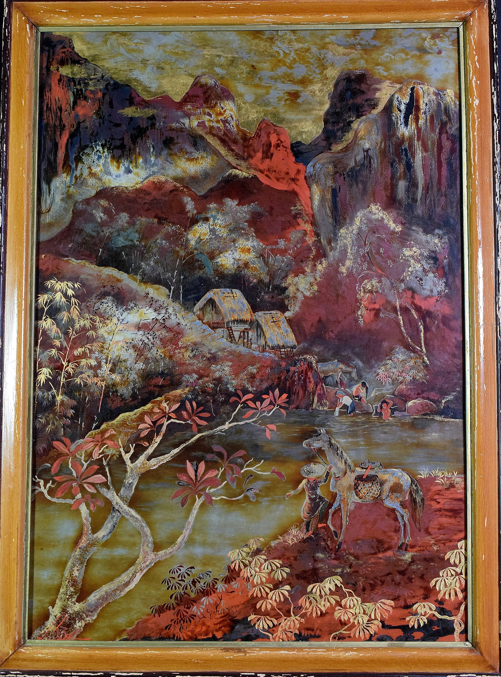 VIETNAMESE LACQUER PAINTING: Vietnamese lacquer painting. Signed in red lower left corner. Signature looks like Leth. Artist not known. Painting on wood. Painting with enchanced gold leaf. Depicts mountains, huts, and figure with
