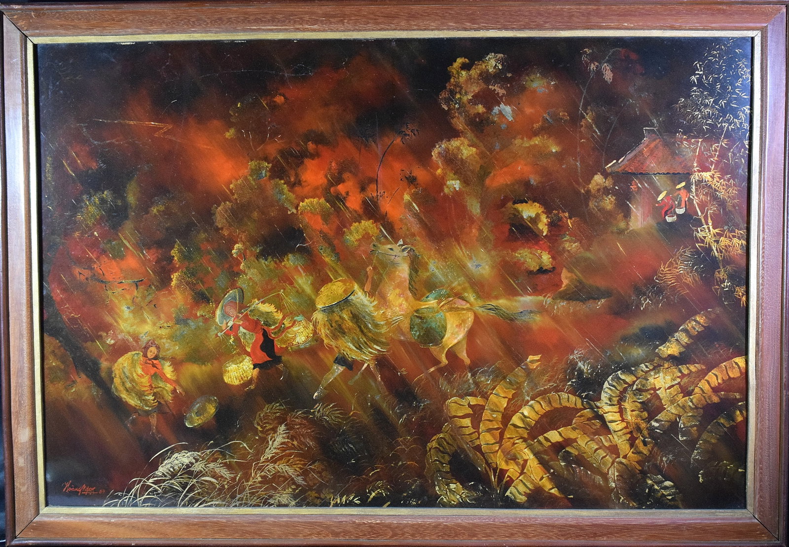 VIETNAMESE LACQUER PAINTING: Vietnamese lacquer painting. Signed in red lower left corner. Signature looks like Leth. Artist not known. Painting on wood. Painting with enhanced gold leaf. Depicts mountains, huts, and figure with 