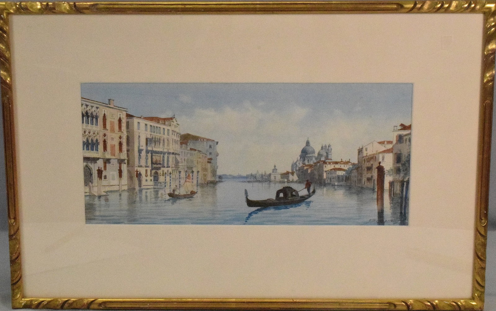 VENICE CANAL WATERCOLOR PAINTING: Grand canal Venice watercolor or Grand Tour type watercolor on paper/ Signed lower right E.T Emvenuti? Image 6 inches x 14 inches Nice Original Gold gilt frame on the period frame. 13 1/2 inches x 21 