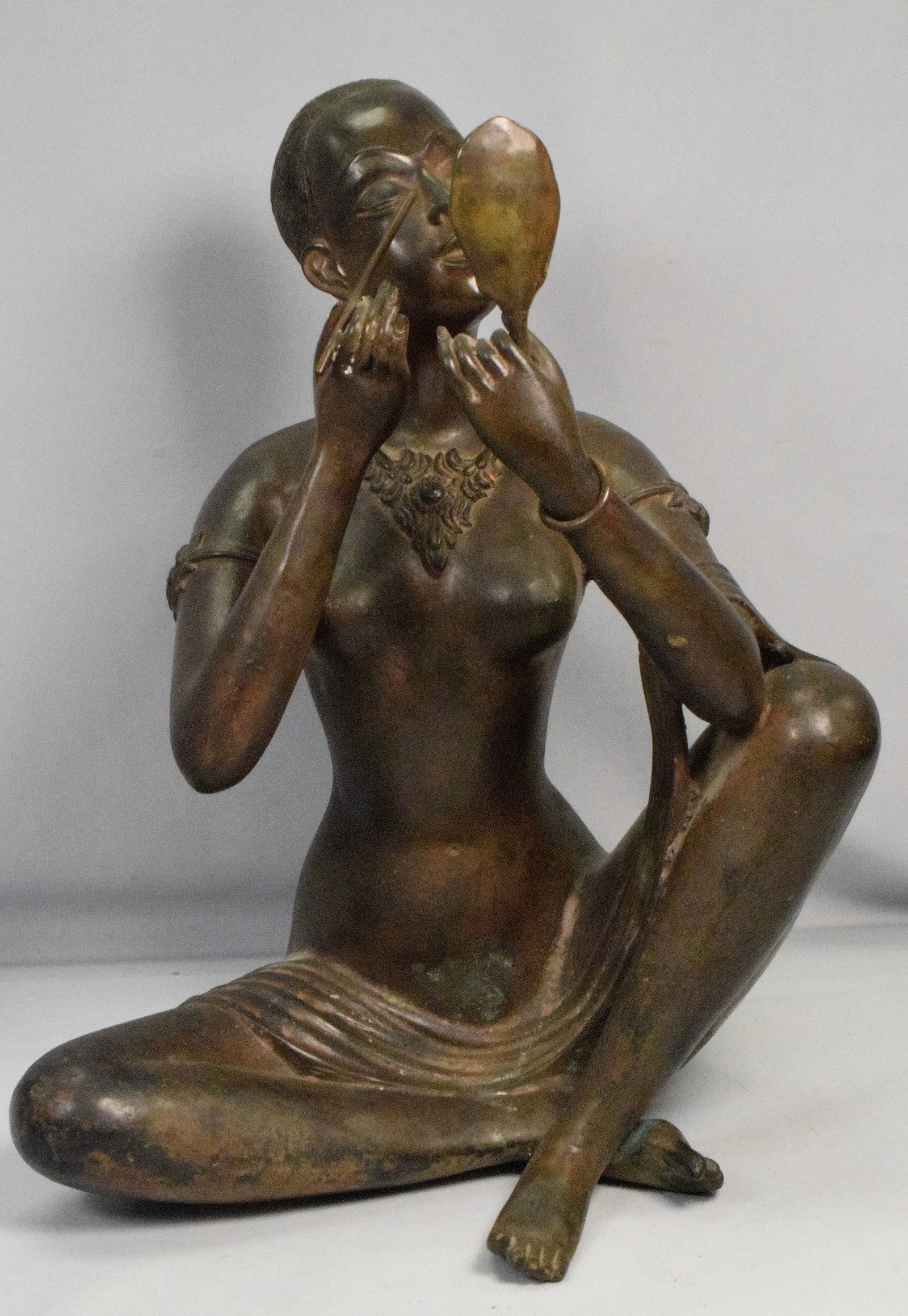 ASIAN BRONZE SCULPTURE OF WOMAN APPLYING MAKEUP (1 of 7)