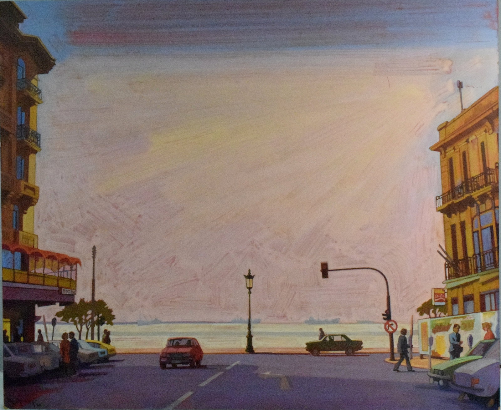 ELEFTHNERIOS ALEXAKIS (Greek, born 1945): Eleftherios Alexakis (Greek, born 1945). Dated 1978. Oil or acrylic on board. Coastal waterfront scene. Titled "Agias Sofios and Beach". Eleftherios Alexakis from the series "Thessaloniki " Greece 197